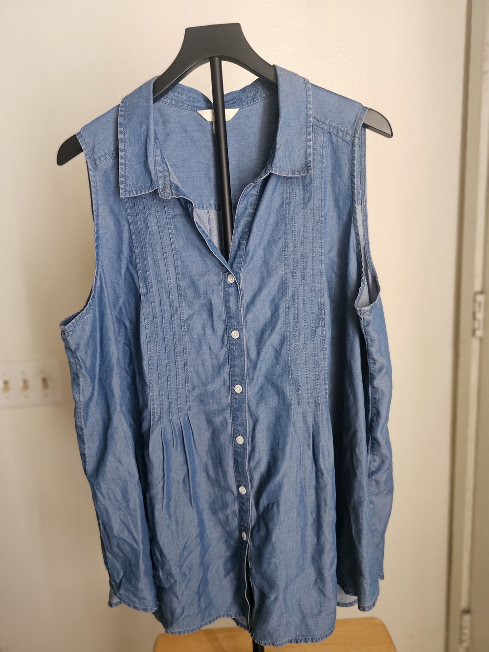 Sleeveless Blue Chambray Button-Front Top